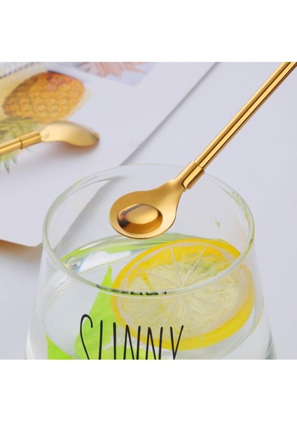 6'lı Gold Pipetli Latte ve Kokteyl Kaşığı Seti, Temizleme Fırçalı, 22 cm Yuvarlak Tasarım