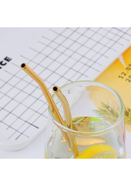 6'lı Gold Pipetli Latte ve Kokteyl Kaşığı Seti, Temizleme Fırçalı, 22 cm Yuvarlak Tasarım