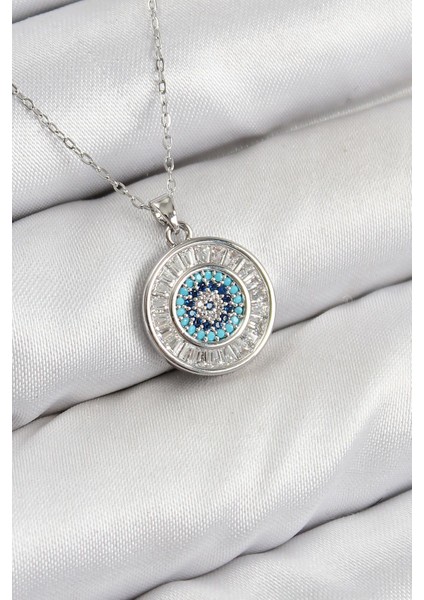 Pirinç Zirkon Taşlı Su Yolu Nazar Model Gümüş Renk Kadın Kolye - PRT3500EB08163