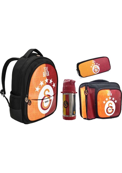 Galatasaray Lisanslı Beş Yıldız Temalı Çelik Termoslu Ilkokul Çanta Seti -Dört Parçalı Set