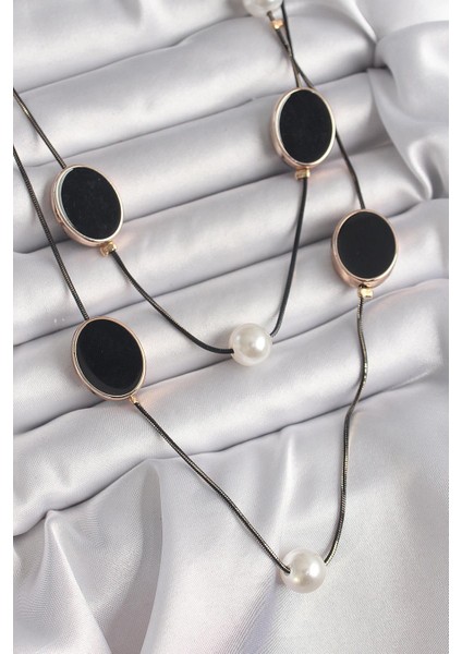 Pirinç Siyah Renk Zincir Inci Detaylı Çoklu Kadın Kolye - PRT3500EB03285