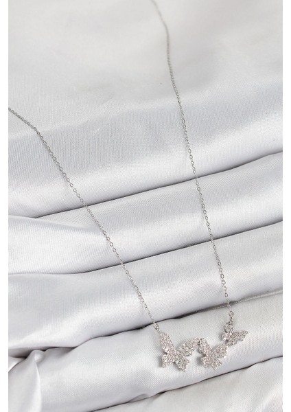 Pirinç Zirkon Taşlı Kelebek Model Gümüş Renk Kadın Kolye - PRT3500EB08159 fiyatları