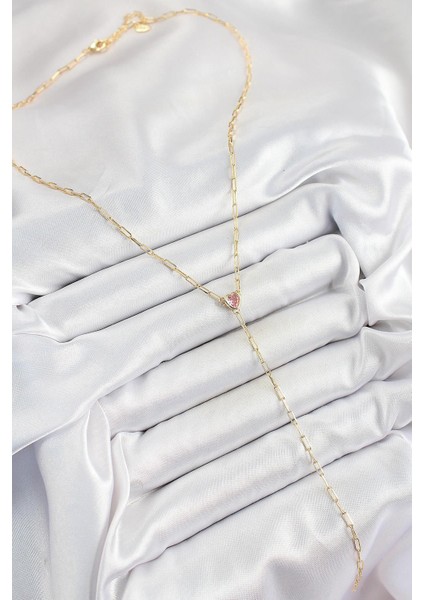 Pirinç Zirkon Taşlı Pembe Kalp Figürlü Y Model Gold Renk Kadın Kolye - PRT3500EB06969 fiyatları