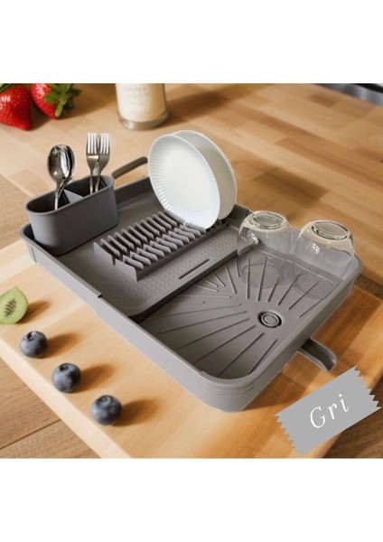 Açılır Kapanır Gri Sürgülü Bulaşık Kurutma ve Tabaklık Sepeti