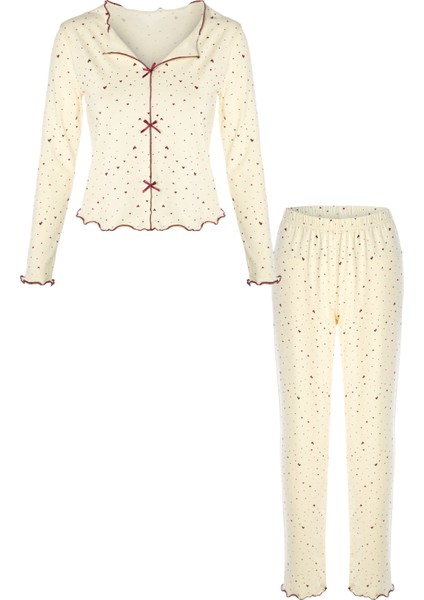 Kadın Pamuklu Çıtır Çiçek Desenli Baby Overloklu Fiyonk Detaylı Uzun Kollu Pijama Takımı