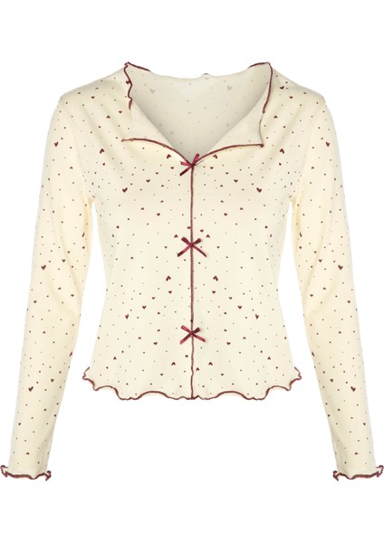 Kadın Pamuklu Çıtır Çiçek Desenli Baby Overloklu Fiyonk Detaylı Uzun Kollu Pijama Takımı fiyatları