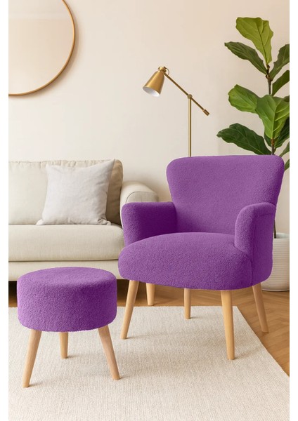 Berjer + Puf Set - Welsoft Yumuşak Kumaş - Doğal Ahşap Ayak - Lila