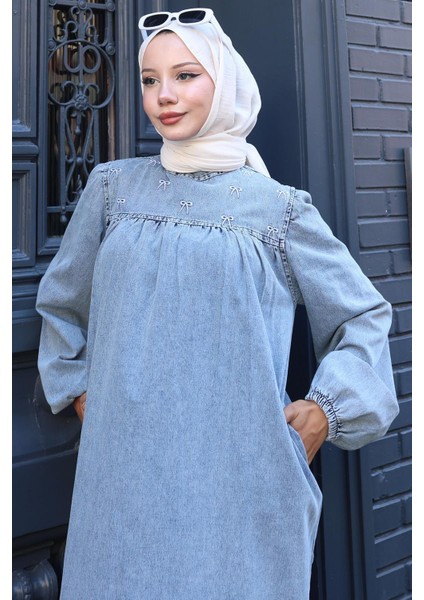Kar Yıkamalı Robalı Kot Elbise HM2775 Açık Mavi