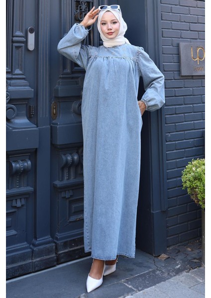 Kar Yıkamalı Robalı Kot Elbise HM2775 Açık Mavi fiyatları