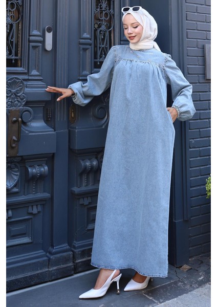 Kar Yıkamalı Robalı Kot Elbise HM2775 Açık Mavi modelleri