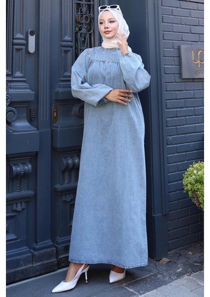 Kar Yıkamalı Robalı Kot Elbise HM2775 Açık Mavi fırsatları