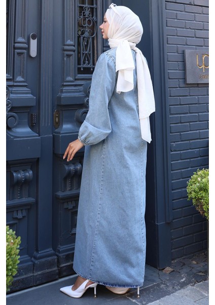 Kar Yıkamalı Robalı Kot Elbise HM2775 Açık Mavi indirimleri