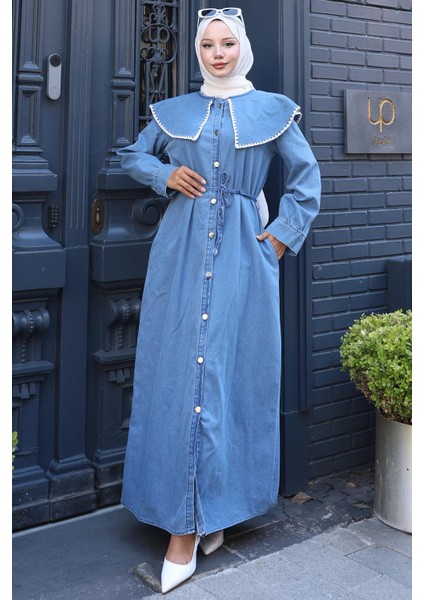 Yaka Detaylı Boydan Düğmeli Kot Elbise HM2772 Açık Mavi