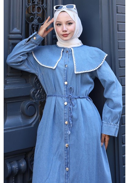 Yaka Detaylı Boydan Düğmeli Kot Elbise HM2772 Açık Mavi fiyatları