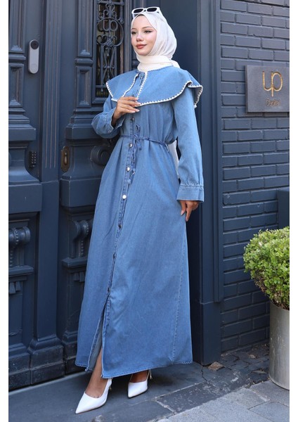 Yaka Detaylı Boydan Düğmeli Kot Elbise HM2772 Açık Mavi fırsatları