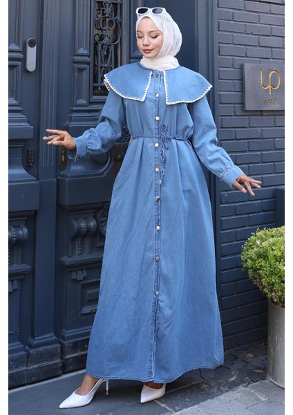 Yaka Detaylı Boydan Düğmeli Kot Elbise HM2772 Açık Mavi indirimleri