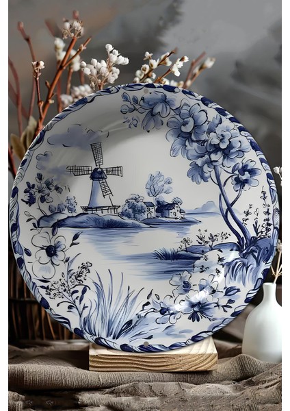Mavi Beyaz Rüzgâr Değirmeni ve Çiçek Desenli Uv Baskı Mdf Duvar Süsü – 33X33 cm & 20X20 cm DT212 modelleri