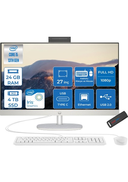 27-WCR0011NT Intel Core I5 1335U 24GB 4tb SSD Freedos 27 Inç FHD(1920X1080) IPS 300 Nit %99 Srgb Beyaz All In One Bilgisayar 898C1EAF15 +Zetta Flash Bellek