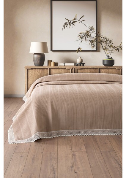 Çift Renkli Kopanaki Dantelli Çift Kişilik Waffle PIKE-210X230 cm Petek Pike-Cappuccino