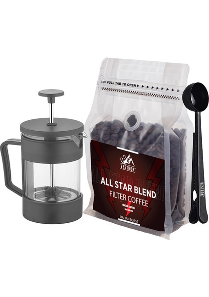 Sportif Kahve Tanışma Seti French Press Demleme ve All Star Blend Yüksek Kafeinli|filtre KAHVE|250G