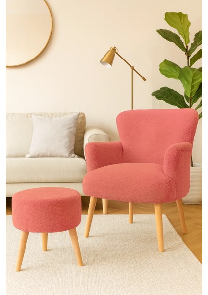 Berjer + Puf Set - Welsoft Yumuşak Kumaş - Doğal Ahşap Ayak - Gül Kurusu