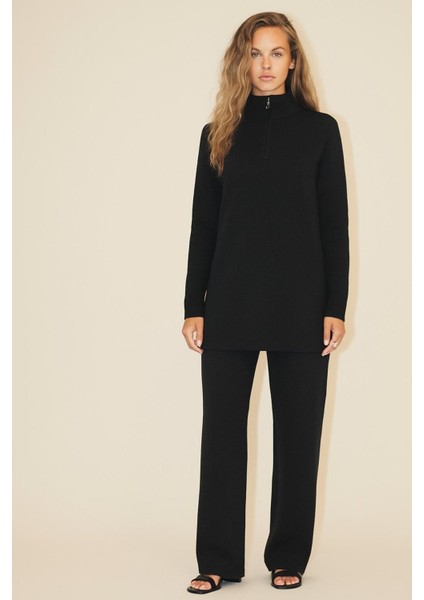 Yakası Fermuarlı Tunik ve Pantolon Ikili Triko Takım