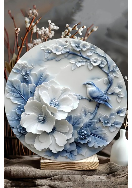 Mavi Tonlarında Çiçek Desenli Uv Baskı Mdf Duvar Süsü – 33X33 cm & 20X20 cm DT227 modelleri