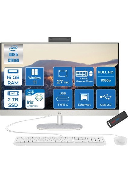 27-WCR0011NT Intel Core I5 1335U 16GB 2tb SSD Windows 11 Pro 27 Inç FHD(1920X1080) IPS 300 Nit %99 Srgb Beyaz All In One Bilgisayar 898C1EAP09 +Zetta Flash Bellek