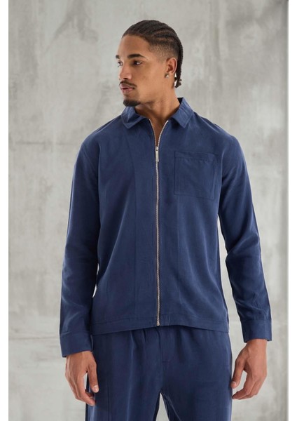 Regular Fit Cupra Kumaş Fermuarlı Erkek Ceket - Lacivert fırsatları
