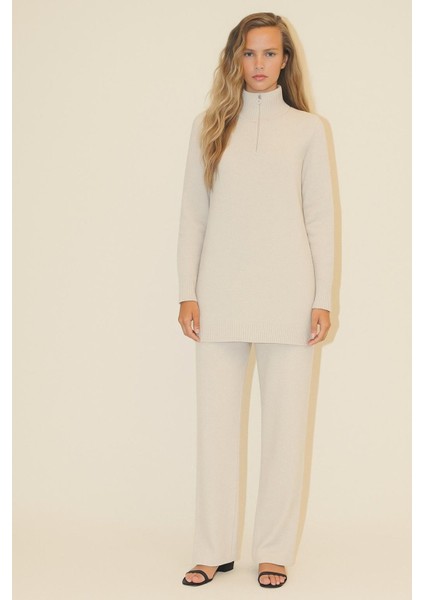 Yakası Fermuarlı Tunik ve Pantolon Ikili Triko Takım