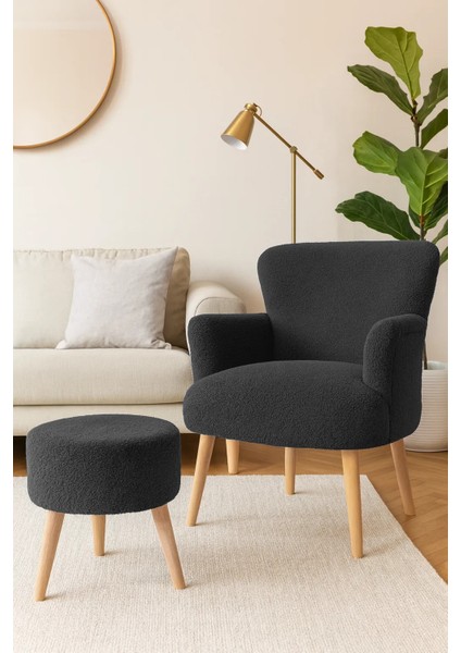 Berjer + Puf Set - Welsoft Yumuşak Kumaş - Doğal Ahşap Ayak - Antrasit