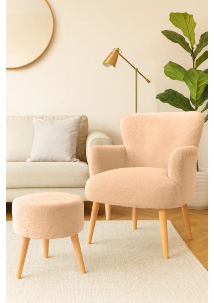 Berjer + Puf Set - Welsoft Yumuşak Kumaş - Doğal Ahşap Ayak - Vizon