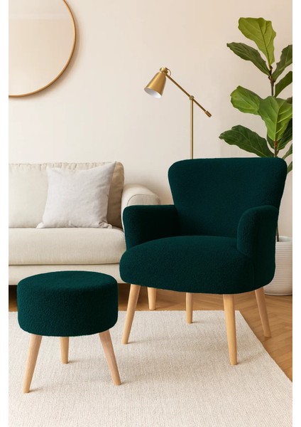 Berjer + Puf Set - Welsoft Yumuşak Kumaş - Doğal Ahşap Ayak - Yeşil