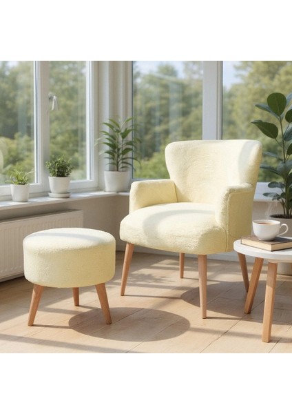 Berjer + Puf Set - Welsoft Yumuşak Kumaş - Doğal Ahşap Ayak - Krem