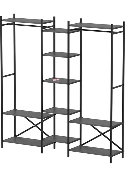 10 Raflı Metal Gardırop Metal Portmanto Açık Gardırop Elbise Dolabı Vestiyer Openix Antrasit