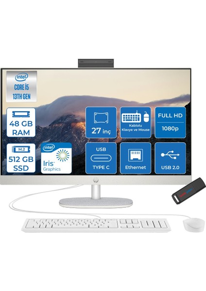 27-WCR0011NT Intel Core I5 1335U 48GB 512GB SSD Freedos 27 Inç FHD(1920X1080) IPS 300 Nit %99 Srgb Beyaz All In One Bilgisayar 898C1EAF27 +Zetta Flash Bellek