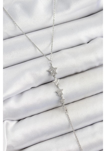 Pirinç Zirkon Taşlı Sıralı Yıldız Figürlü Y Model Gümüş Renk Kadın Kolye - PRT3500EB06962