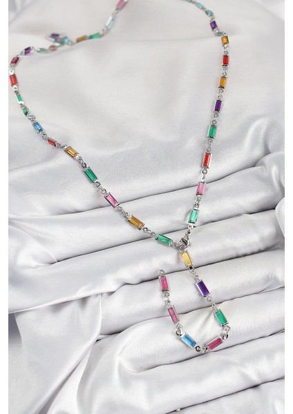 Pirinç Renkli Zirkon Taşlı Dikdörtgen Model Gümüş Renk Kadın Y Kolye - PRT3500EB07840 fiyatları