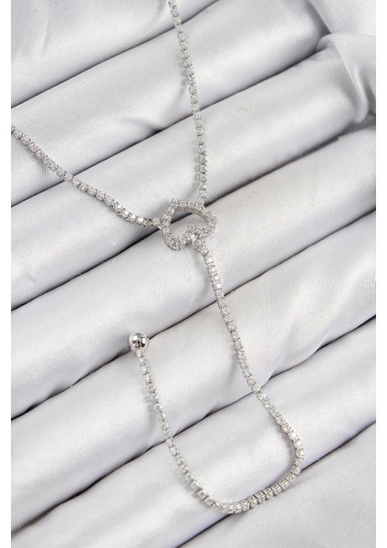 Pirinç Zirkon Taşlı Kalp Model Gümüş Renk Y Kolye - PRT3500EB08326