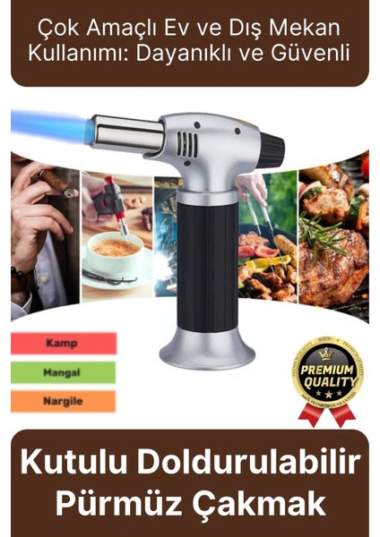 Profesyonel 1300 Derece Sıcaklık Veren Kamp Mangal Tatlı Kömür Gaz Doldurulabilir Alev Pürmüz Çakmak