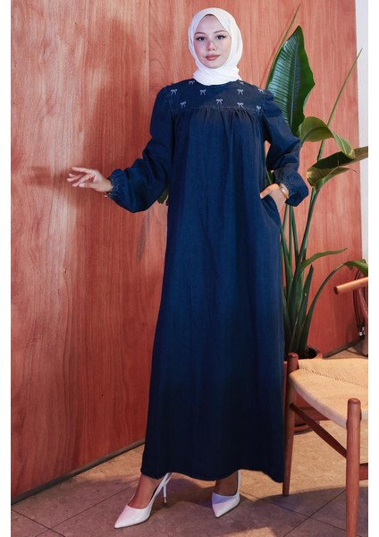 Kar Yıkamalı Robalı Kot Elbise HM2775 Koyu Mavi