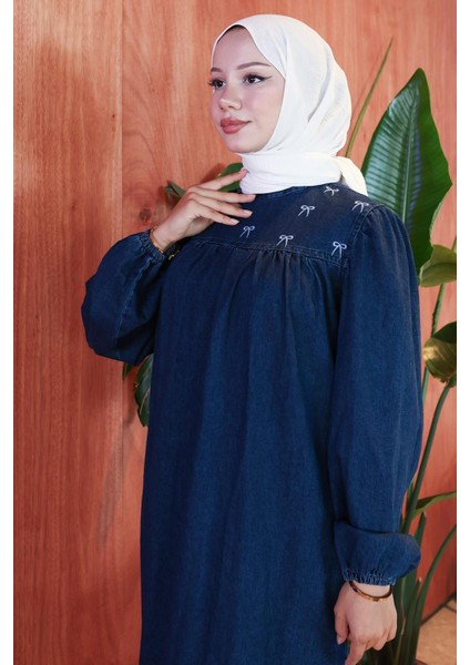 Kar Yıkamalı Robalı Kot Elbise HM2775 Koyu Mavi fiyatları