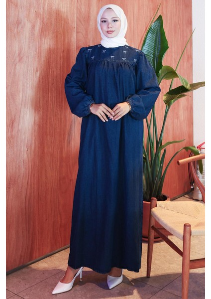 Kar Yıkamalı Robalı Kot Elbise HM2775 Koyu Mavi modelleri