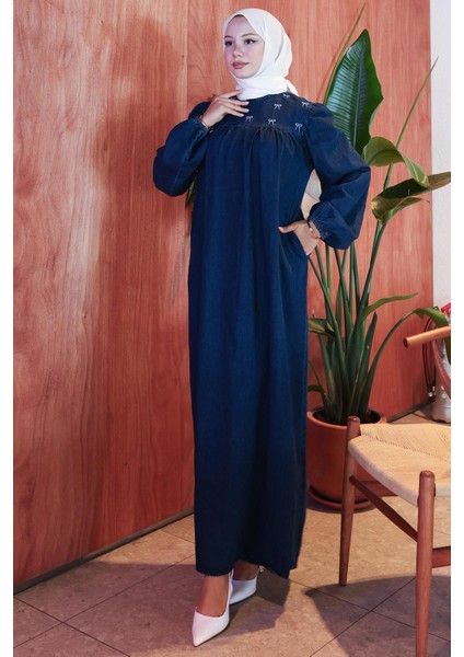 Kar Yıkamalı Robalı Kot Elbise HM2775 Koyu Mavi fırsatları