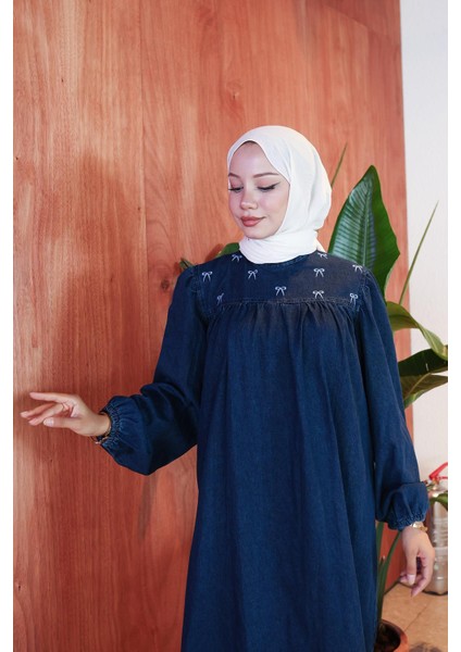 Kar Yıkamalı Robalı Kot Elbise HM2775 Koyu Mavi indirimleri