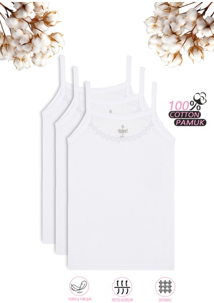 0805 3'lü Paket Kız Çocuk %100 Pamuklu Ribana Esnek Rahat Yakası Brode Papatya Detaylı İp Askılı Atlet