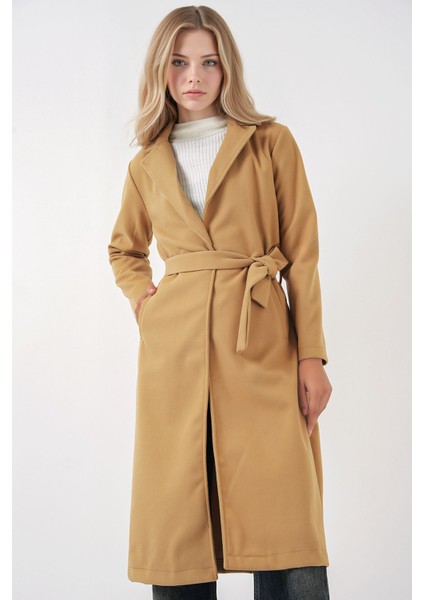 Kadın BDART Kruvaze Yaka Kuşaklı Kaşe Ceket Kehribar Sarısı fiyatları