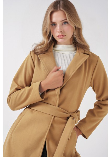 Kadın BDART Kruvaze Yaka Kuşaklı Kaşe Ceket Kehribar Sarısı indirimleri