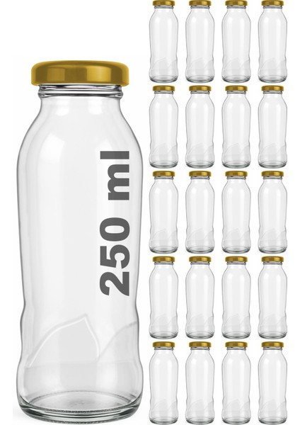 250 ml Dalga Desenli Şeffaf Meyve Suyu, Limonata Şişesi Metal Gold Kapaklı 250 cc Boş Cam Şişe 20 Adet