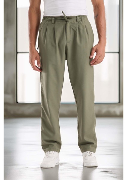 Bezayağı Kumaş Relax Fit Duble Paça Jogger Pantolon - Avcı Yeşili